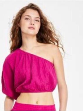 DKNY Fuchsia Textured one shoulder Top